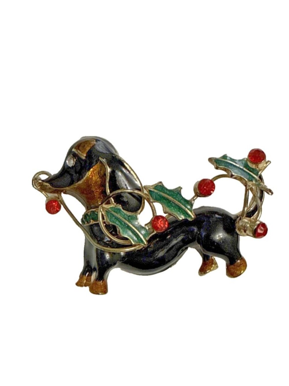 Vintage Dachshund Brooch Pin Wiener Dog Enameled Holly Christmas Rhinestones